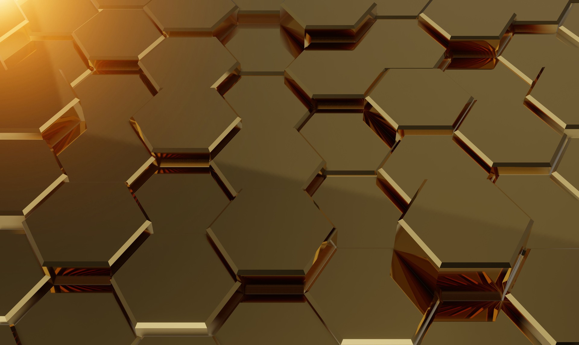 Fondo hexagonal abstracto de panal de oro renderizado en 3D, fondo de tecnología de ciencia ficción